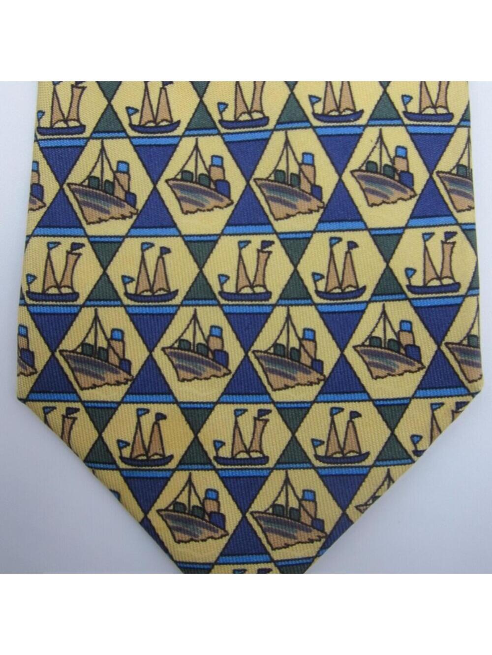 VTG Hermes Gold Blues Ships Steamships Sail Boats Tie 7290 EA Handmade in France